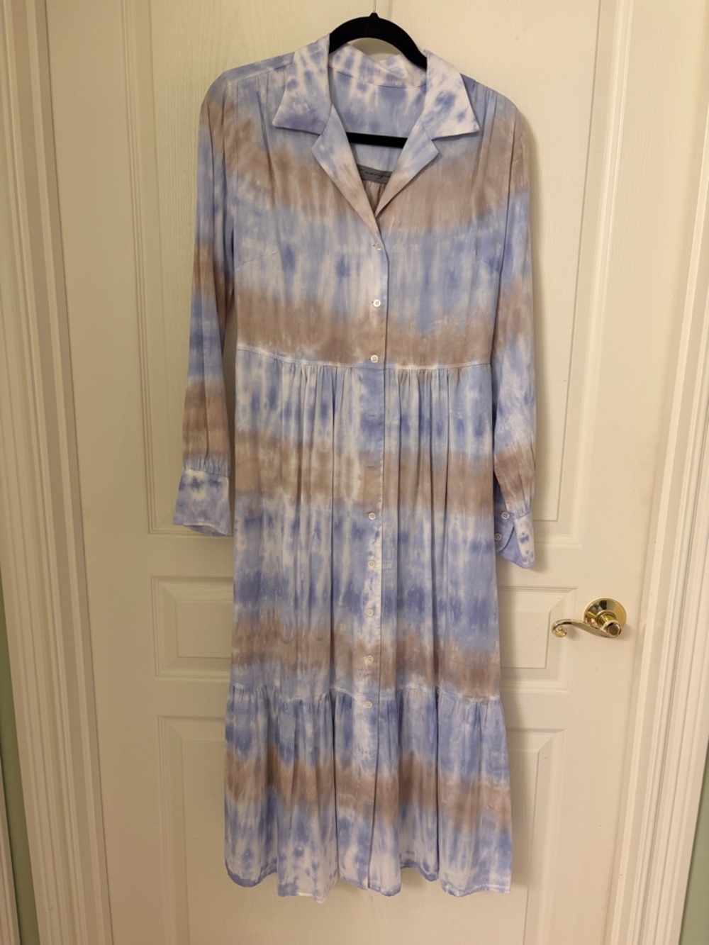Raquel Allegra Button-Front Long Sleeve Midi Dress in Blue and Tan Tie-Dye